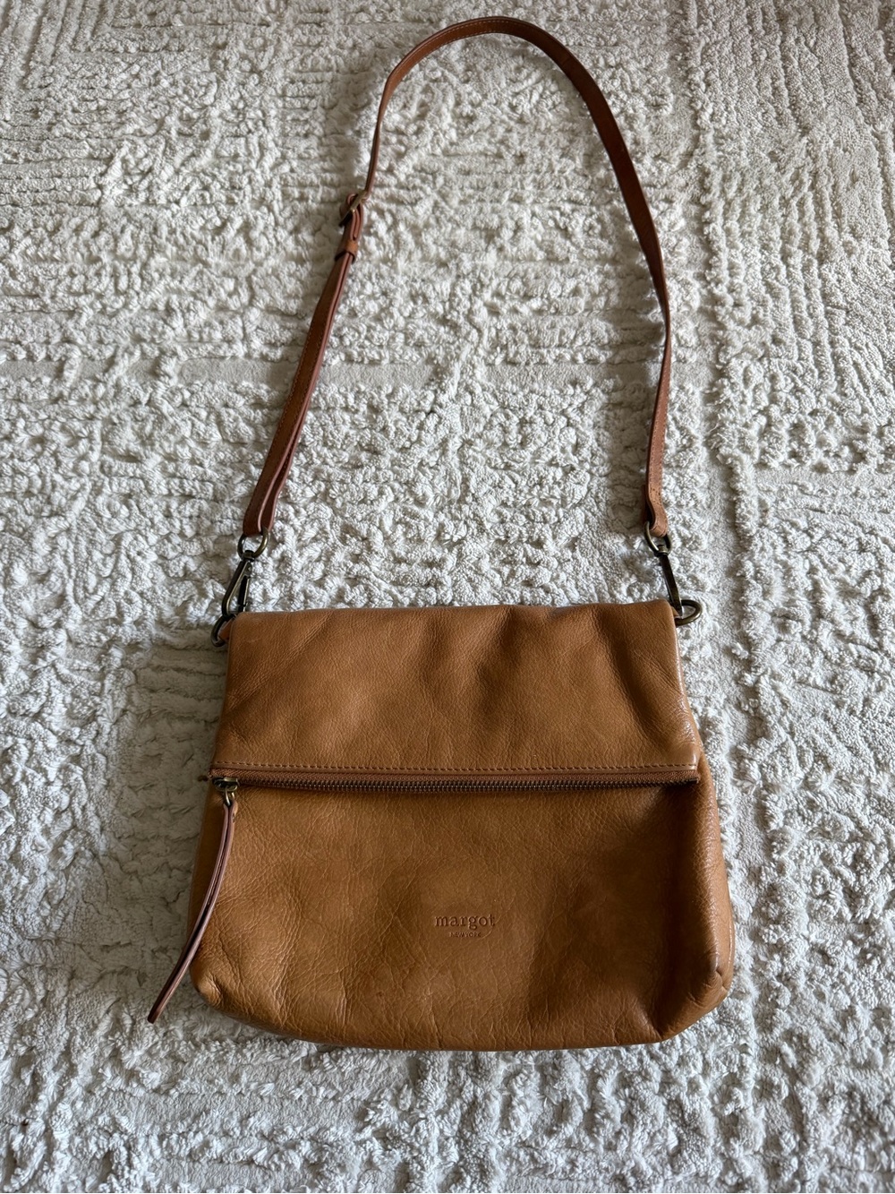 Margot Tan Leather Foldover Crossbody with Front Zip Pocket